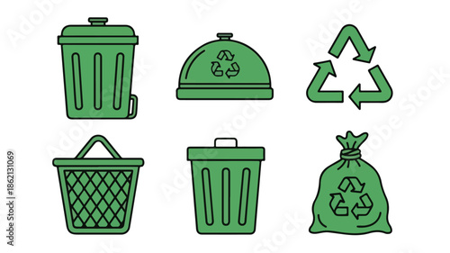 Collection of green recycling icons including trash cans, recycling symbol, and waste bag on white background.