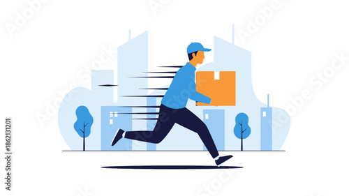 delivery, man, running, package, city, urban, fast, motion, courier, shipping, express, logistics, transport, movement, speed, action, dynamic, modern, professional, business, service, distribution, r