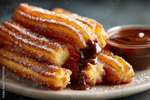 Plate of churros coated in powdered sugar, drizzled with dark chocolate sauce. Concept of indulgence with fried dough pastry Spanish traditional treats in rustic setting.