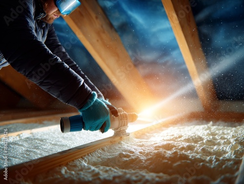 Worker applying spray foam insulation in attic rafters