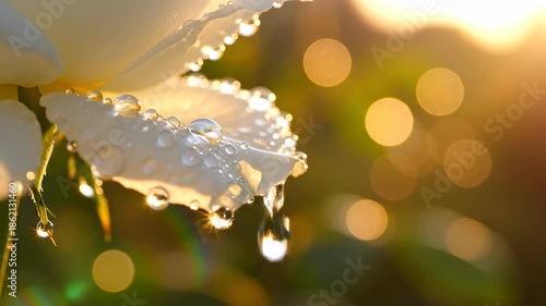 Beautiful golden hour cinematic close-up of a pristine white rose petal shimmering with fresh rain droplets against a soft focus sunny bokeh background droplets, pristine white rose petal, garden