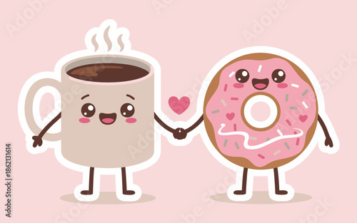 Adorable coffee and donut characters holding hands on transparent background

