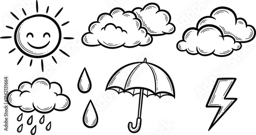 Doodle Icons of Weather Elements and Umbrella on White Background cloud rain