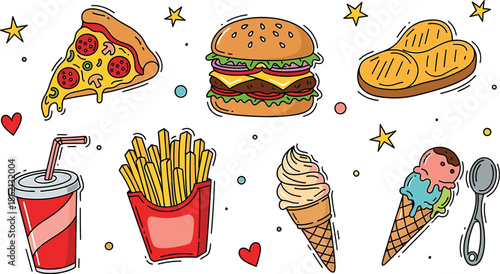 Fast Food Icons Pizza Burger Fries Drink Ice Cream And Toast junk food