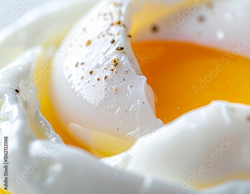 Macro close-up food photography of a poached egg with glossy, semi liquid yolk visible through delicate egg white layers, sharp focus, professional studio lighting, clean and bright backdrop