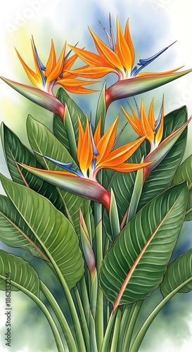 Bird of Paradise Flowers - A Vibrant Watercolor Botanical Illustration.