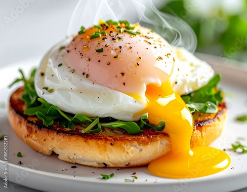 Close-up of a warm poached egg with visible steam rising, soft glowing highlights on the egg white, cinematic food photography, professional studio lighting, bright clean background