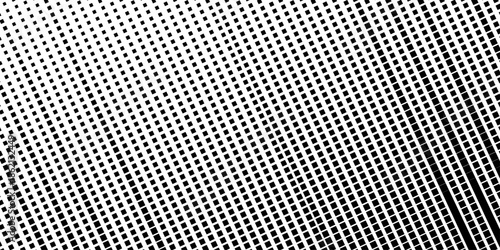 Squared halftone texture background. Check dot faded gradation wallpaper. Black and white square pixels. Fabric seamless pattern with textile mesh texture, black on white background.  