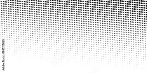 Squared halftone texture background. Check dot faded gradation wallpaper. Black and white square pixels. Fabric seamless pattern with textile mesh texture, black on white background.  