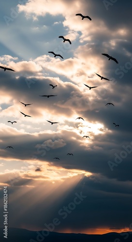 Birds Flying in Dramatic Cloudy Sky at Sunset.