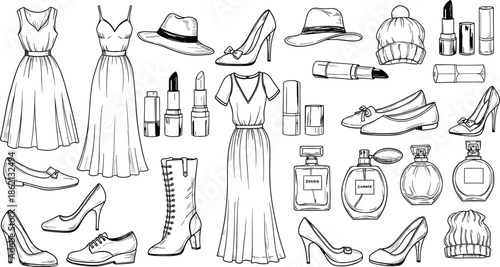 Hand Drawn Fashion Accessories and Clothing Collection Sketch dress long dress