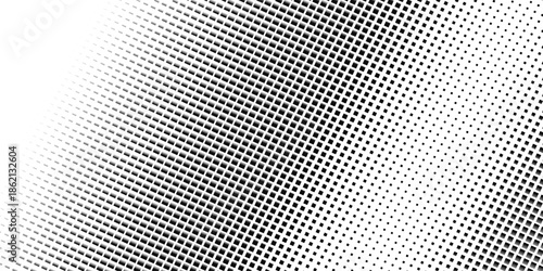Squared halftone texture background. Check dot faded gradation wallpaper. Black and white square pixels. Fabric seamless pattern with textile mesh texture, black on white background.  