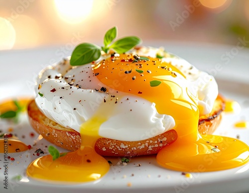 Close-up cinematic food photography of a premium poached egg presented as a hero product, glowing yolk, ultra detailed textures, professional studio lighting, clean bright background with high contras