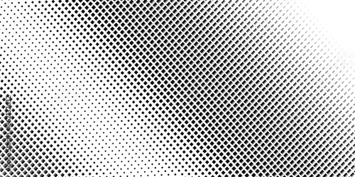 Squared halftone texture background. Check dot faded gradation wallpaper. Black and white square pixels. Fabric seamless pattern with textile mesh texture, black on white background.  