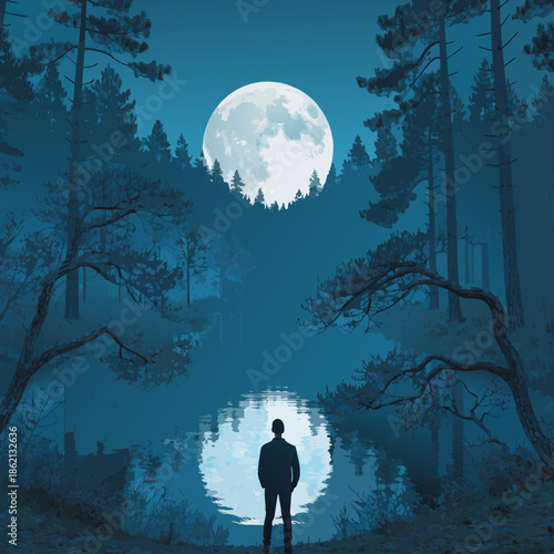 Moonlit forest with silhouetted trees under a starry night sky