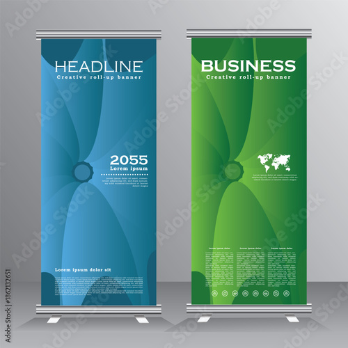 Green and blue roll up banner template, vertical banner design, vertical banner template, Presentation and Brochure. Vector template, Vector eps 10.