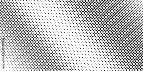 Squared halftone texture background. Check dot faded gradation wallpaper. Black and white square pixels. Fabric seamless pattern with textile mesh texture, black on white background.  