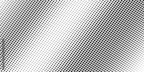 Squared halftone texture background. Check dot faded gradation wallpaper. Black and white square pixels. Fabric seamless pattern with textile mesh texture, black on white background.  