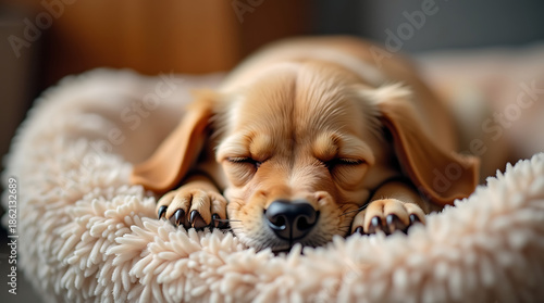 Sleeping puppy on soft blanket