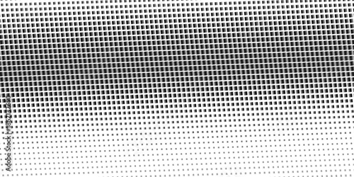Squared halftone texture background. Check dot faded gradation wallpaper. Black and white square pixels. Fabric seamless pattern with textile mesh texture, black on white background.  