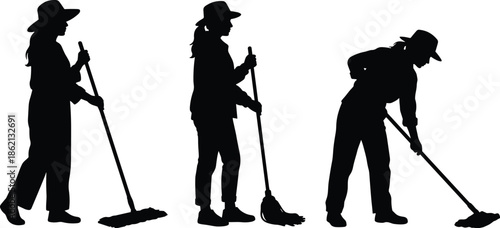 Cleaning worker silhouettes using mop and broom showing housekeeping duties, sanitation service, manual labor, professional cleaning job, routine work illustration concept