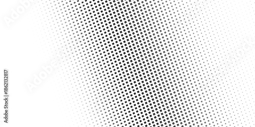 Squared halftone texture background. Check dot faded gradation wallpaper. Black and white square pixels. Fabric seamless pattern with textile mesh texture, black on white background.  
