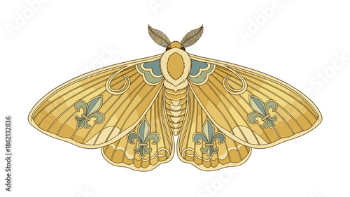 Art Nouveau golden moth with fleur-de-lis wing patterns  