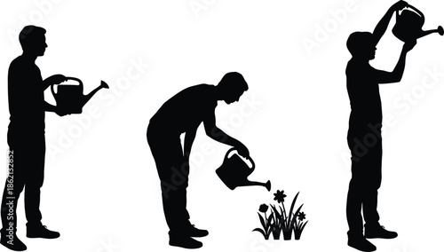 Man watering plants silhouette sequence showing gardening activity, plant care, nature connection, growth, sustainability, outdoor hobby, peaceful lifestyle illustration concept