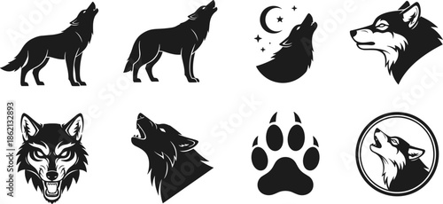 Wolf silhouette icon set, howling wolves, wolf heads and paw print symbols, wildlife animal logo vector illustration isolated