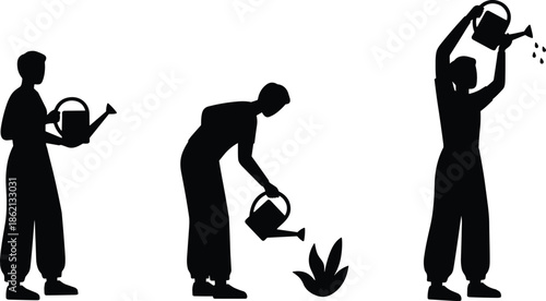 Woman watering plants silhouette sequence illustrating gardening routine, plant care, growth, eco lifestyle, sustainability, nature connection, peaceful outdoor activity concept