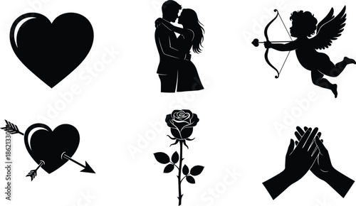 Valentine’s Day silhouettes, love icons, romantic couple, cupid, heart, rose, clasped hands, black vector art, emotional affection symbols