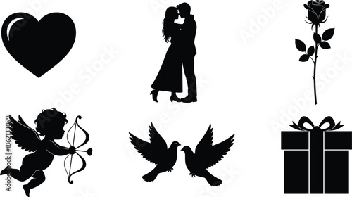 Valentine silhouettes, love icons, romantic couple, cupid, rose, doves, heart, gift box, black vector art, affection symbols