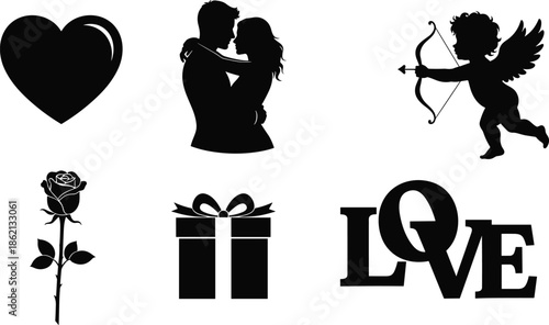 Valentine silhouettes, love icons, romantic couple, cupid, rose, gift box, heart, LOVE text, black vector art, affection symbols