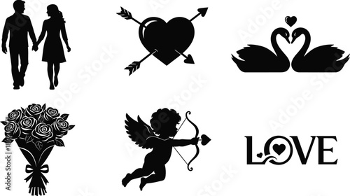Valentine silhouettes, love icons, romantic couple, cupid, bouquet, swans, heart arrows, LOVE text, black vector art, affection symbols