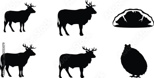 Reindeer silhouettes, animal icons, antler wildlife, cave shape, bird figure, forest elements, black vector art, nature symbols, classification design
