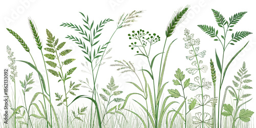 Variety of wild grasses and plants in a natural setting