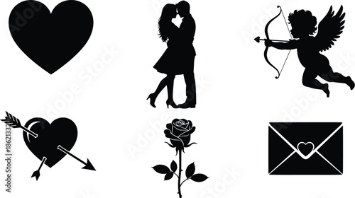 Valentine silhouettes, love icons, romantic couple, cupid, rose, heart arrows, gift box, love letter, black vector art, affection symbols