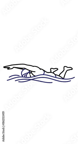 Minimalist line drawing of a person swimming in water, shown as a fluid athletic pose.