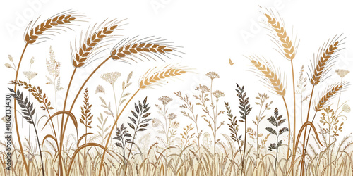 Golden wheat and wildflowers in a serene natural landscape