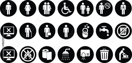 Public restroom and bathroom icon set featuring accessibility hygiene male female wheelchair baby care universal signage symbols pictograms design