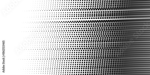 Squared halftone texture background. Check dot faded gradation wallpaper. Black and white square pixels. Fabric seamless pattern with textile mesh texture, black on white background.  