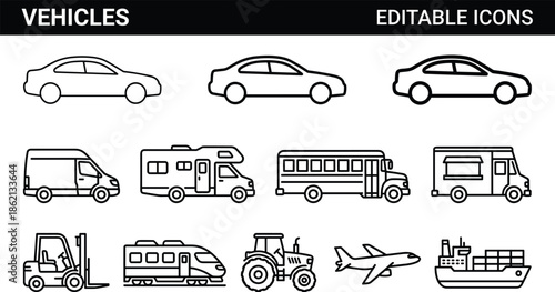 Vehicles editable icon set featuring cars buses trucks vans trains airplanes ships tractors forklifts and transportation outline symbols