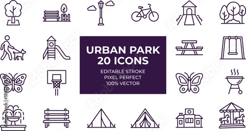 Urban park icon set featuring playground trees benches cycling picnic nature leisure outdoor recreation symbols editable vector line design