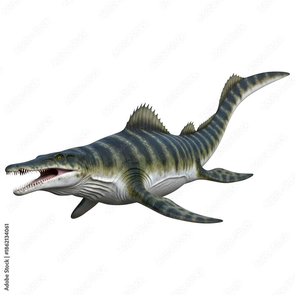 Fototapeta premium Striped Mosasaurus Marine Reptile 3D Illustration Isolated on White Background