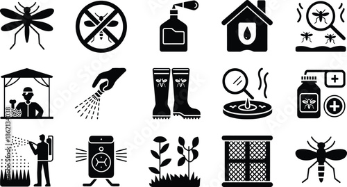 A collection of black and white icons depicting various pest control methods and symbols.