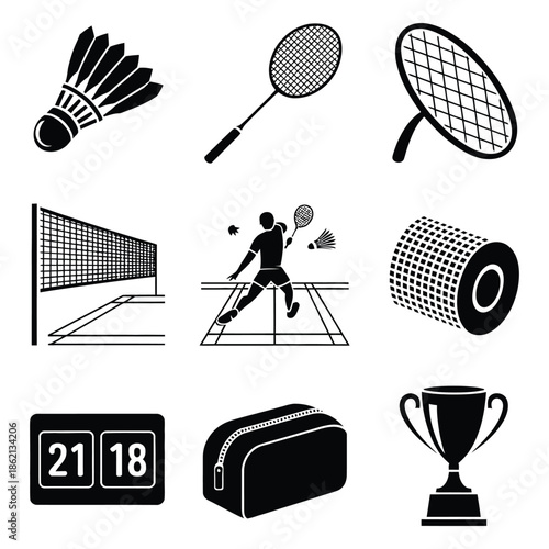 Badminton Sport Equipment Set with Shuttlecock Racket Net Player Scoreboard Bag and Trophy Vector Illustration Graphic Template Design