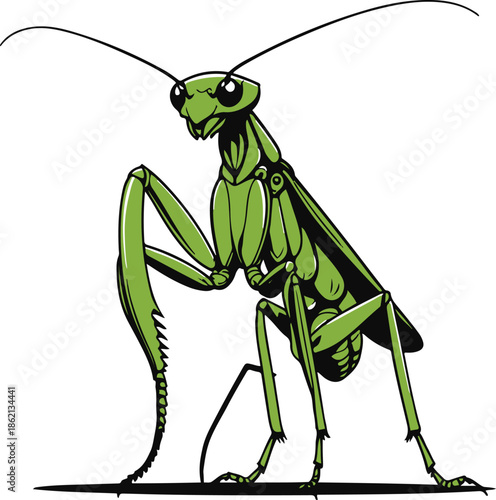A praying mantis as a focus coach in calm standing pose, slim silhouette, flat vector illustration, solid flat colors, bold outline, no gradient, no shadow, clean vector sticker, white background 3