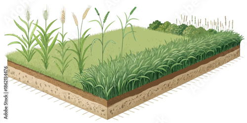 Detailed illustration of layered soil with various grass types growing