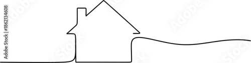 Minimal one line house drawing illustration, continuous single stroke home outline design, simple real estate concept art for architecture, property, mortgage branding