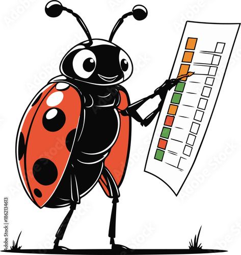 A ladybug as a garden quality controller holding a checklist, small rounded pose, flat vector art, clean edges, limited color palette, thick black outline, no texture, no lighting, isolated on white